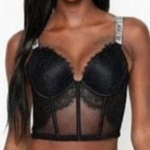 Victoria Secret Black Rhinestone Strap Lingerie Pushup Corset Bra Top 36DD  NWT
